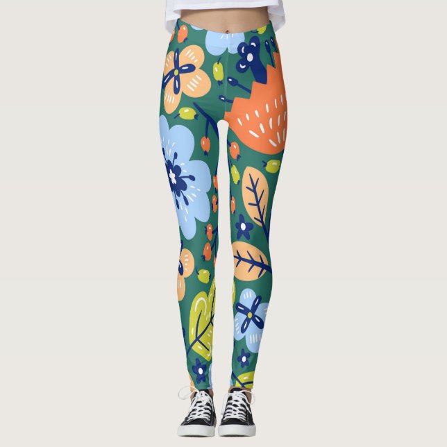 Blommigt Art Mönster Fullt Leggings (Framsida)