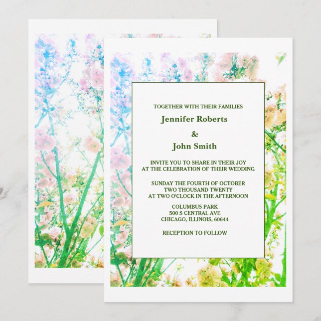 Blommigt Art Sage Grönt White Elegant bröllop Inbjudningar (Fram/baksida)