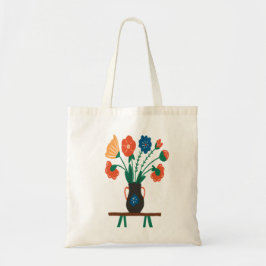 Blommigt Art Tote Bag - Elegant Black Vas med Colo Tygkasse
