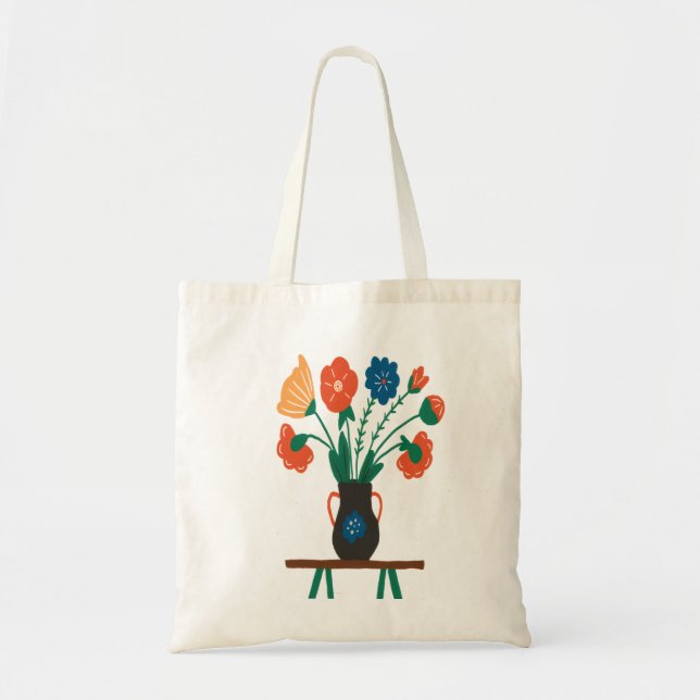 Blommigt Art Tote Bag - Elegant Black Vas med Colo Tygkasse (Framsidan)