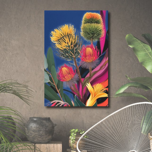Blommigt Artwork Prints Botanical Australia vibran Canvastryck (Surreal Wildflower Australian Botanical Canvas with floral greenery, colorful wall art)