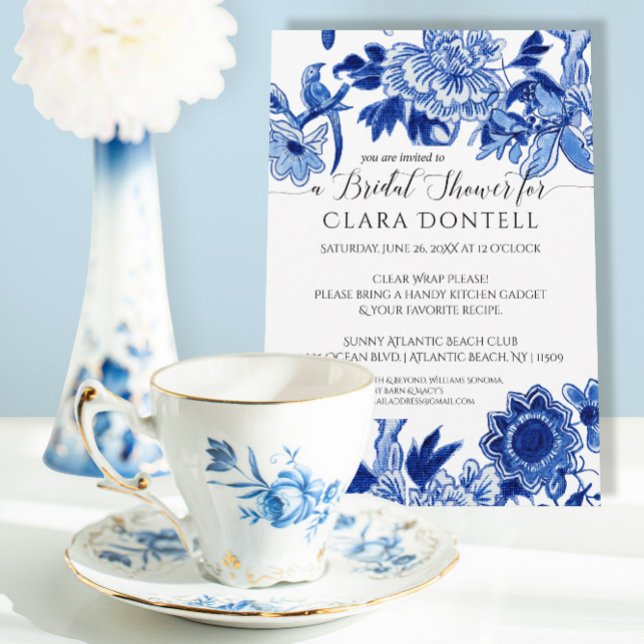Blommigt Asian Influence Blue White Möhippa Inbjudningar (Skapare uppladdad)