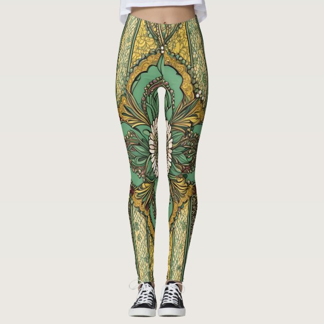Blommigt av afrikansk Grönt och Gult Nature AI art Leggings (Framsida)