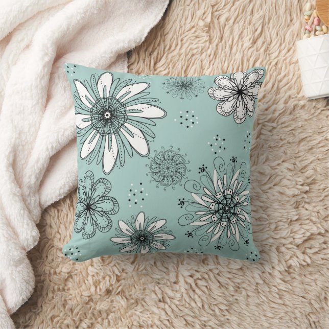 Blommigt av Aqua Daisy Pen och Bläck Skriv ut Kudde (Filt)