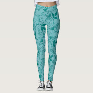 Blommigt av Aqua Grönt Kvinnor i bensin Leggings