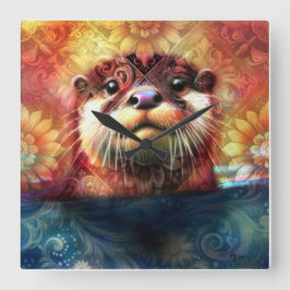 Blommigt av bättre Abstrakt Teal Orange Red Brown  Fyrkantig Klocka