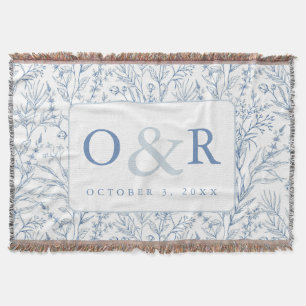 Blommigt av blå och vit Fransk, Monogram Blanket Filt