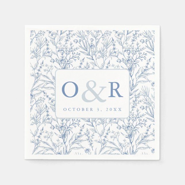 Blommigt av blå och vit Fransk, Monogram Napkins Pappersservett (Framsidan)