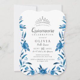 Blommigt av blå och vit vattenfärg Quinceanera Inbjudningar