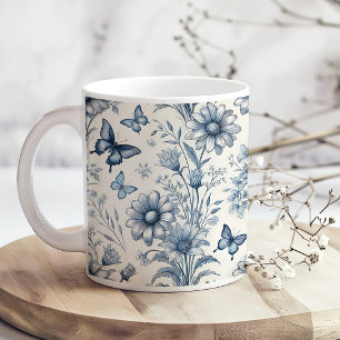 Blommigt av blå och vit Vintage och fjärilskaffe Kaffemugg