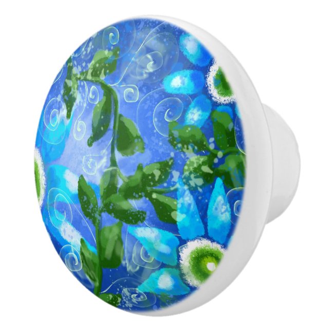 Blommigt av blåblått Grönt, vita blommor Knopp (Höger)