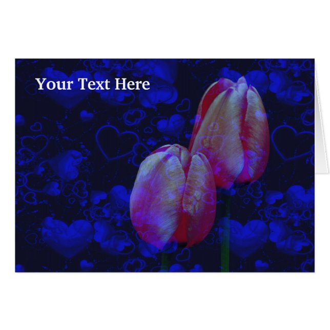 Blommigt av blåhjärtfoto för Rosa Tulips- Hälsningskort (Framsidan Horizontal)