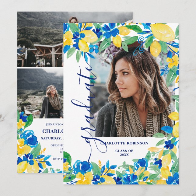 Blommigt av blått gult citroner, fotot studenten inbjudningar (Fram/baksida)