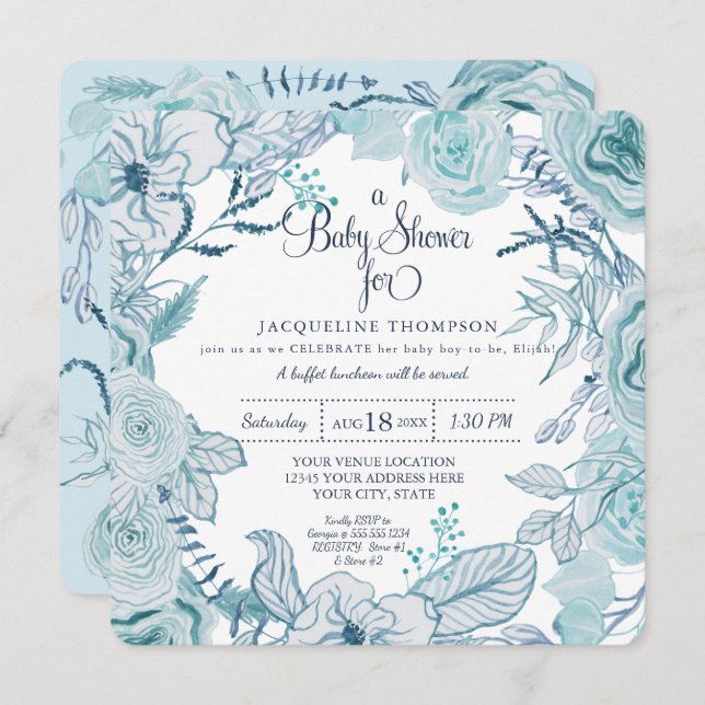 Blommigt av blått vattenfärgsblad i pojke inbjudningar (Fram/baksida)