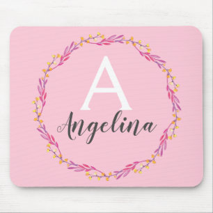 Blommigt av Blek Rosa Utandning Monogram Namn Musmatta