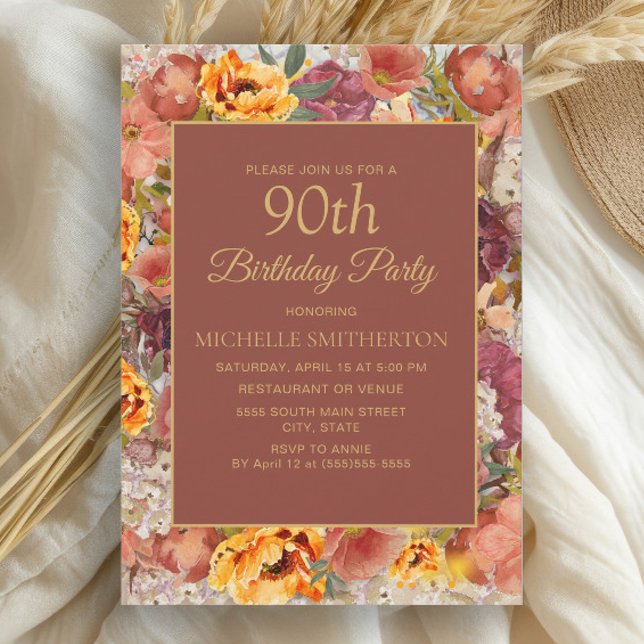 Blommigt av bränd Orange Cream Rust 90:e födelseda Inbjudningar (Elegant burnt orange and rust watercolor floral fall-colored 90th birthday party invitation)