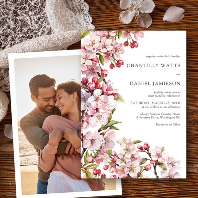 Blommigt av Cherry Blommar Bröllop Rosa Photo Inbjudningar (Photo wedding invitation from the Cherry Blossom Wedding Collection by Darling & May)