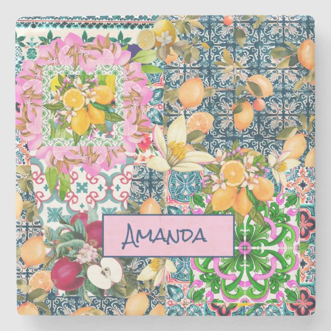 blommigt av chic blå rosa siciliansk citrusfrukt stenunderlägg (Framsidan)