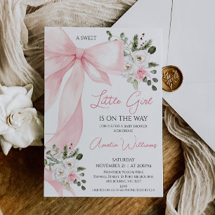 Blommigt av Coquette Rosa Winter Bow Baby Shower Inbjudningar