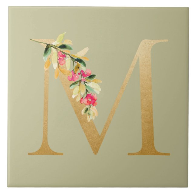 Blommigt av den antika olivbakgrunden faux golden  kakelplatta (Framsidan)