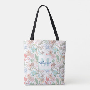 Blommigt av elegant Blå Löv, monogram Tygkasse