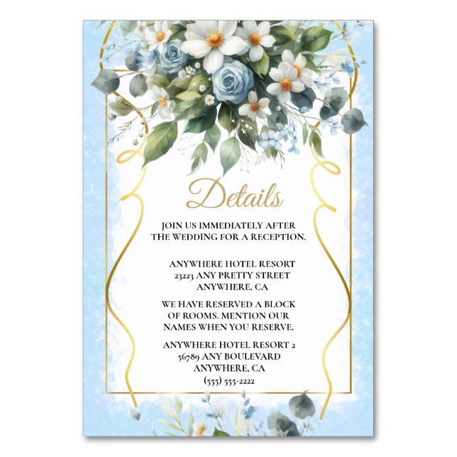 Blommigt av Eleganten Blue och Guld Rustic Waterco Bordsnummer (Framsidan)