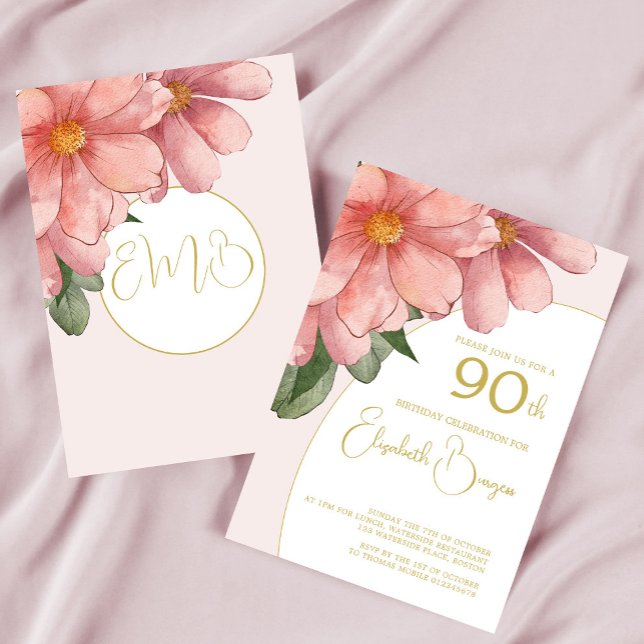 Blommigt av Eleganten för Rosa vid 90:e födelsedag Inbjudningar (Skapare uppladdad)