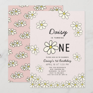 Blommigt av fallande Daisy Rosa 1:a födelsedag Inbjudningar