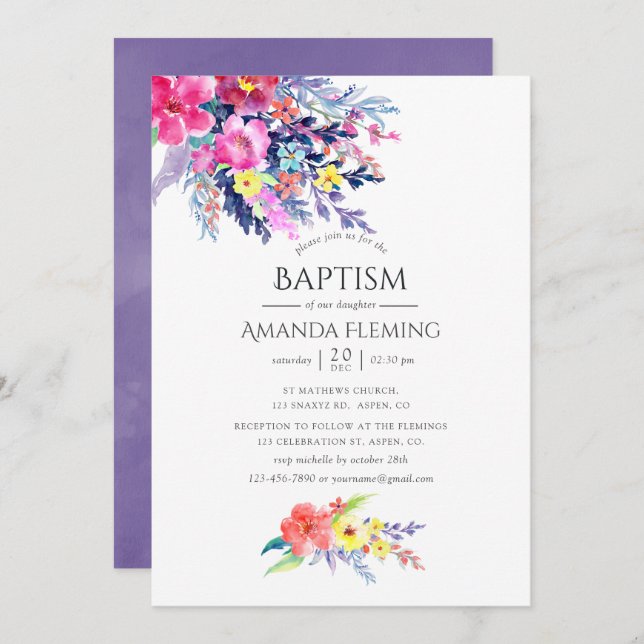 Blommigt av färgämnen i vattenfärg Baptism eller C Inbjudningar (Fram/baksida)