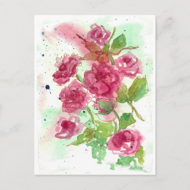 Blommigt av färgen Rosa ros Flower Watercolor Vykort (Framsida)