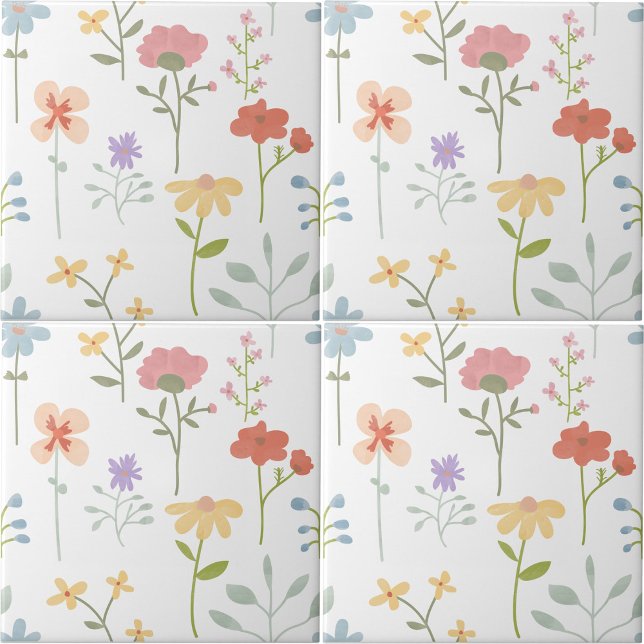 Blommigt av färglös vattenfärgad Vild  Sömlös Möns Kakelplatta (Colorful Watercolor Wild Floral Pattern Ceramic Tile)