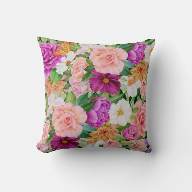 Blommigt av färglöst vattenfärg Garden Lila Rosa r Kudde (Framsida)