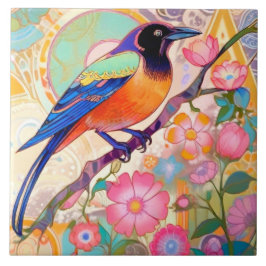 Blommigt av färgstark Kråka Bird Rainbow Vår blomm Kakelplatta