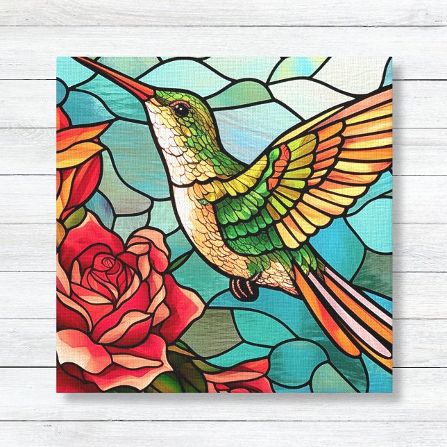 Blommigt av fastfärgat glas Hummingbird Canvastryck (Stained Glass Hummingbird with Roses - Kitchen Wall Canvas Art)