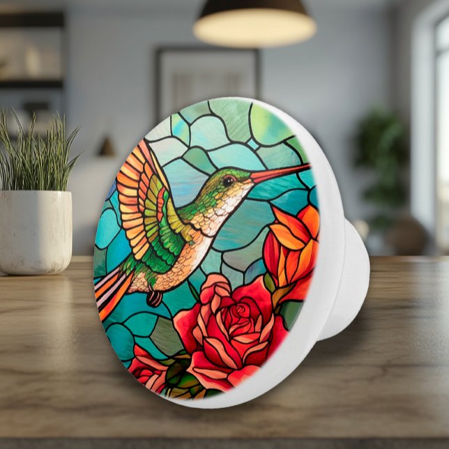 Blommigt av fastfärgat glas Hummingbird Knopp (Ceramic Knob Accent with Stained Glass Style Colorful Hummingbird and Roses)