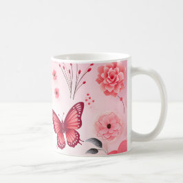 Blommigt av fjäril och rosa kaffemugg