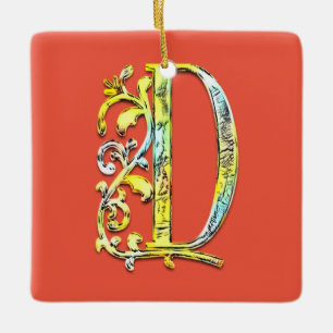 blommigt av första monogram för Brev D Julgransprydnad Keramik