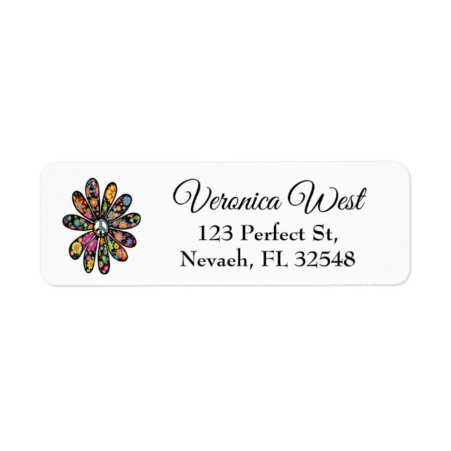 Blommigt av Fredsteckenet Hippie Trippy Flower Pow Returadress Etikett (Framsidan)