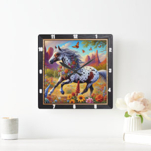 Blommigt av Galloping Horse Decorative Fyrkantig Klocka