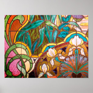 blommigt av glas av art nouveau nedfläckad poster