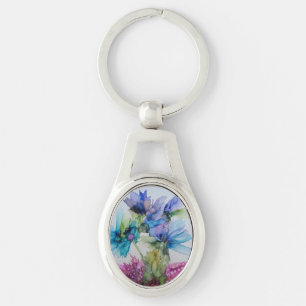 Blommigt av Grönt av färgad blå Lila Rosa Art Ovalt Silverfärgad Nyckelring