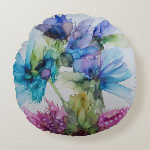 Blommigt av Grönt av färgad blå Lila Rosa Art Rund Kudde