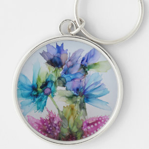 Blommigt av Grönt av färgad blå Lila Rosa Art Rund Silverfärgad Nyckelring
