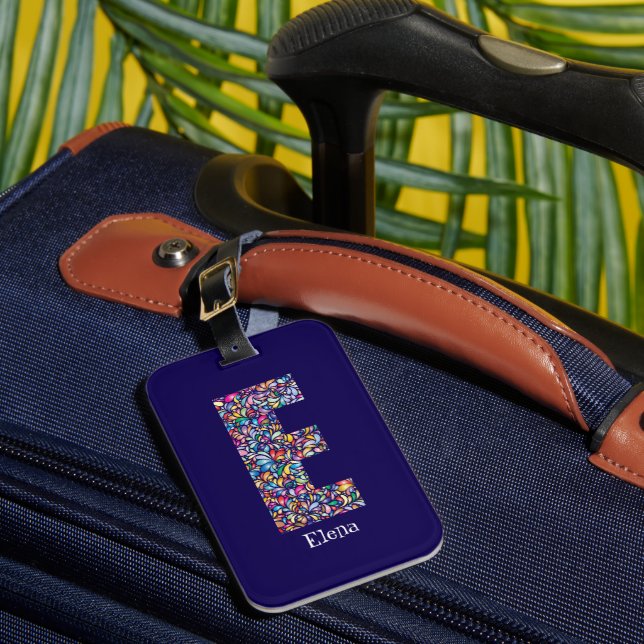 blommigt av grönt lila gult  Monogram Initialt E b Bagagebricka (Framsida Insitu 1)