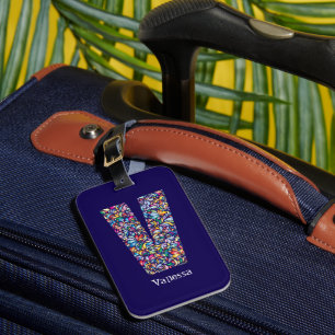 blommigt av grönt lila gult Monogram Initialt V b Bagagebricka
