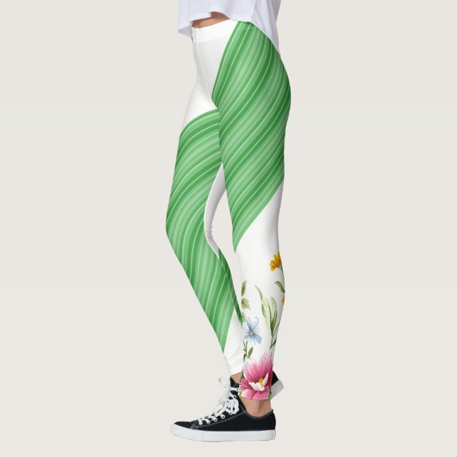 Blommigt av grönt Vita skinn Leggings (Vänster)
