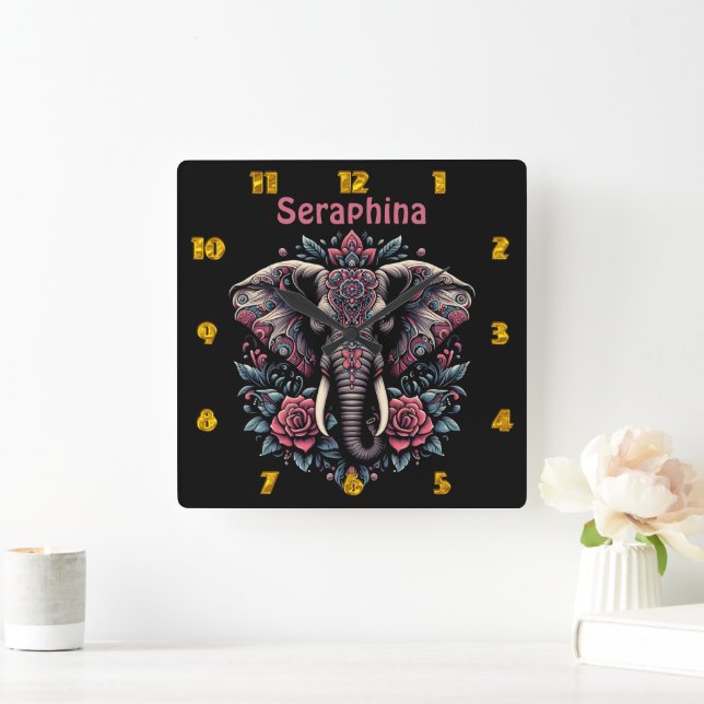 Blommigt av gryning av elefant fyrkantig klocka (Hem)