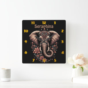 Blommigt av gryning av elefant fyrkantig klocka