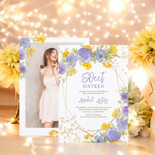 blommigt av guld lila gult glitter, Sverige 16 Inbjudningar (Gold glitter purple yellow floral photo Sweet 16 Invitation)