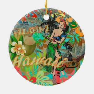 Blommigt av Hawaii Flower Hula-Vintage, grafik Julgransprydnad Keramik